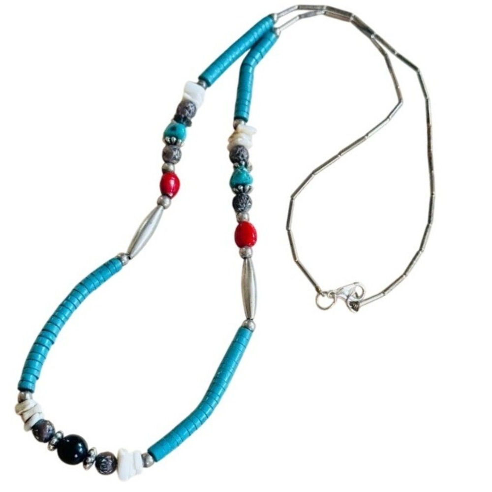 VTG Turquoise Necklace Navajo Heishi Beads Genuine Natural beaded silver 28"